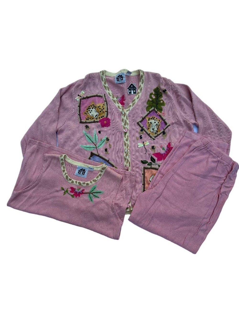 Storybook Knits 3Pc Cardigan Sweater Tank Pant Set Pink Leopard Floral Sz 2x/3x